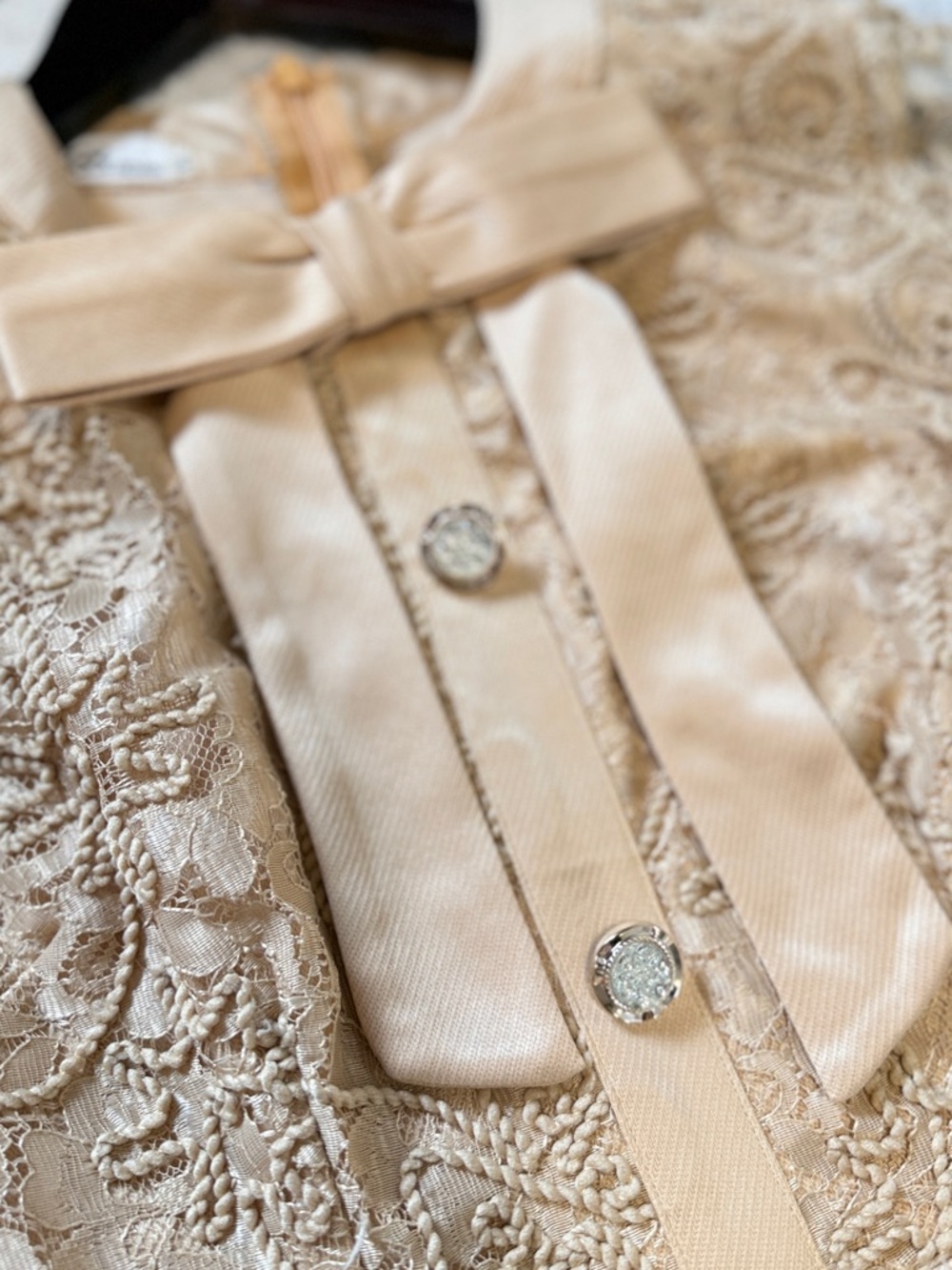 Elegant Beige Lace Mini Dress with Satin Bow